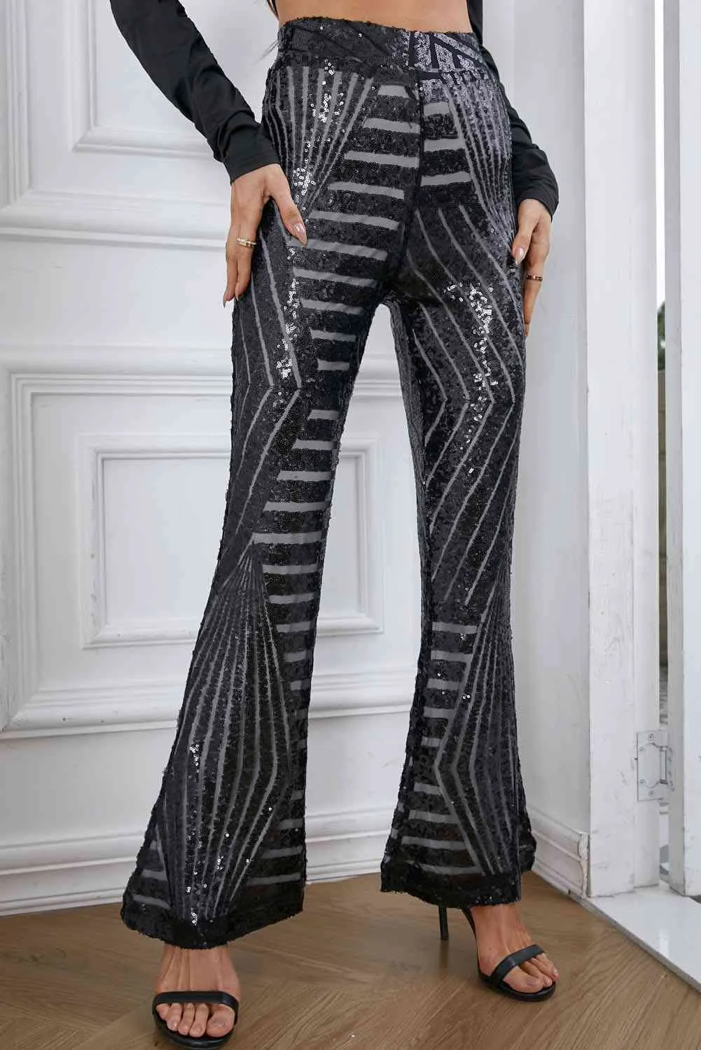Nyla Double Take Sequin High Waist Flared Pants