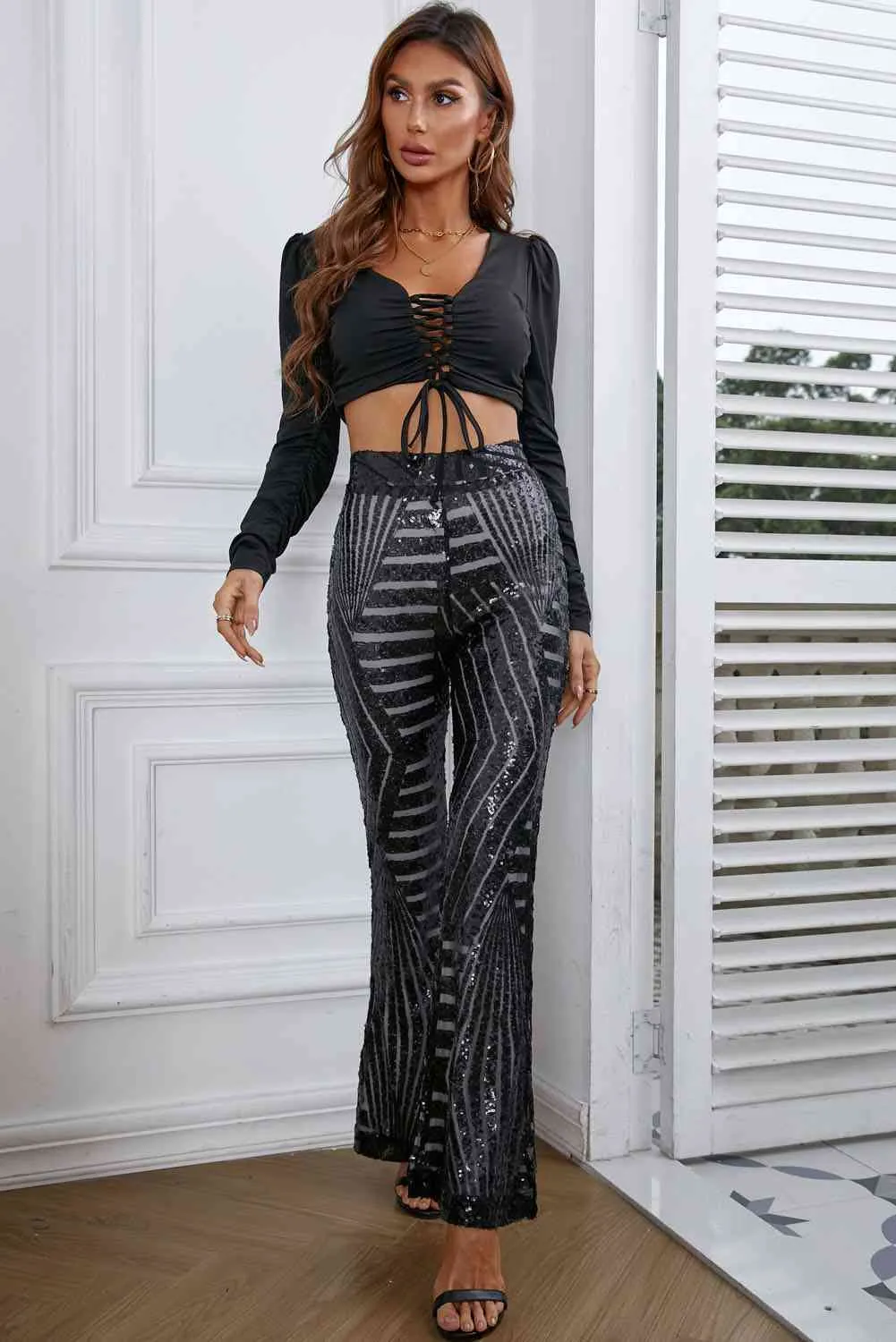 Nyla Double Take Sequin High Waist Flared Pants