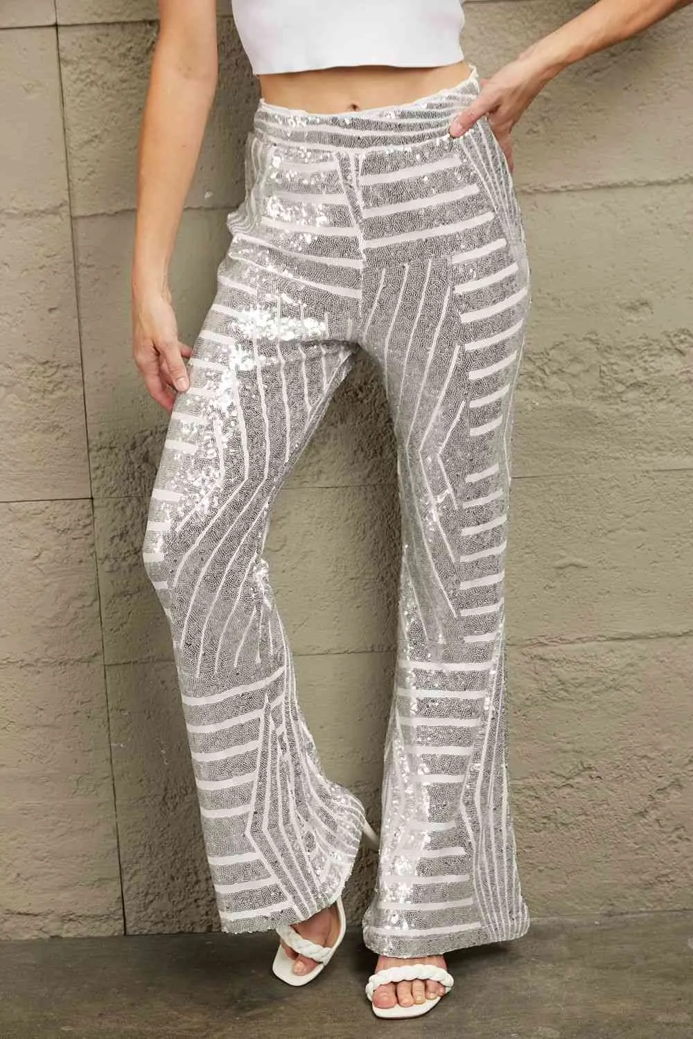 Nyla Double Take Sequin High Waist Flared Pants