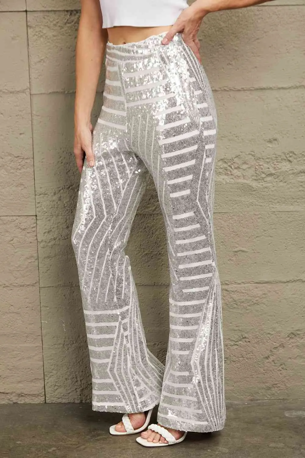 Nyla Double Take Sequin High Waist Flared Pants