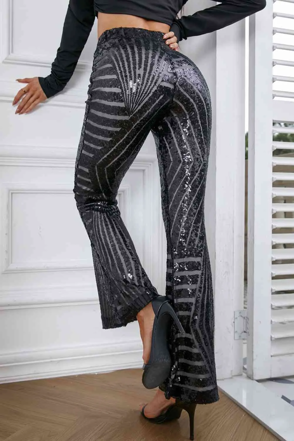 Nyla Double Take Sequin High Waist Flared Pants