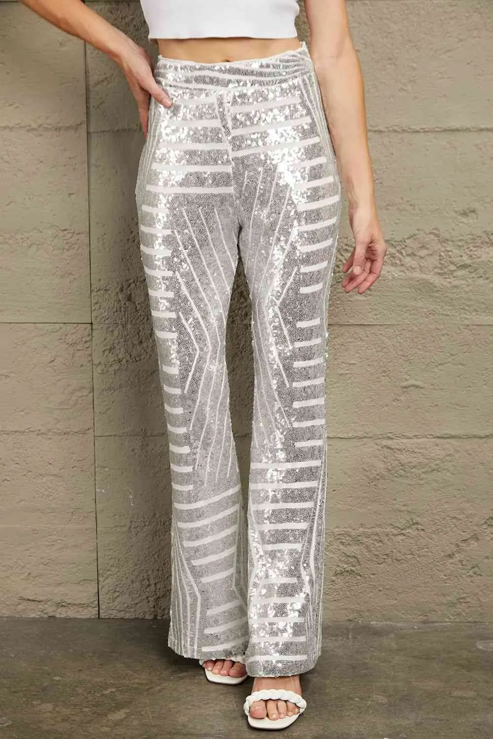 Nyla Double Take Sequin High Waist Flared Pants