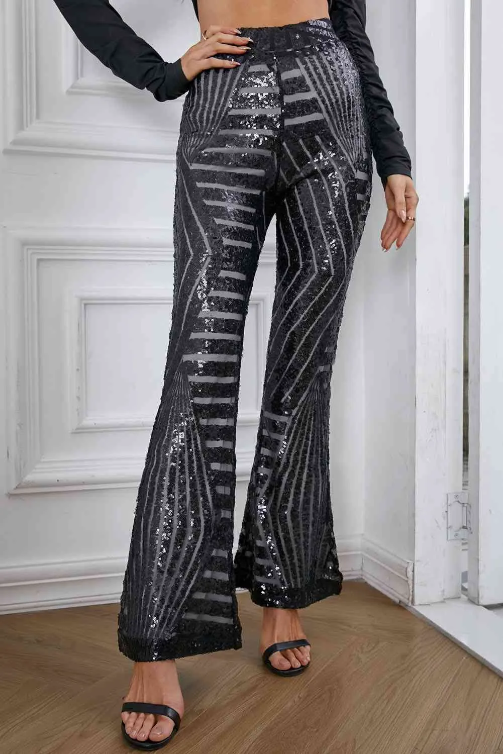 Nyla Double Take Sequin High Waist Flared Pants