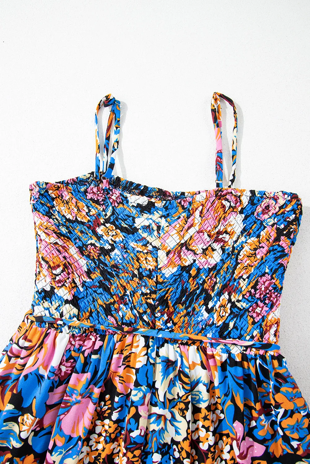 Pink Floral Smocked Bust Spaghetti Straps Wide Leg Jumpsuit
