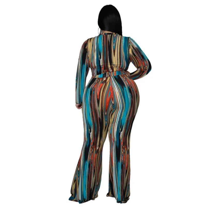 Plus Size Abstract Long Sleeve Top & Pants Set - Flare Pants, Crew Neck - Polyester/Milk Fiber/Spandex Blend