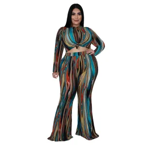 Plus Size Abstract Long Sleeve Top & Pants Set - Flare Pants, Crew Neck - Polyester/Milk Fiber/Spandex Blend