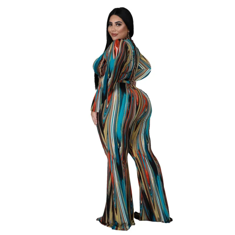 Plus Size Abstract Long Sleeve Top & Pants Set - Flare Pants, Crew Neck - Polyester/Milk Fiber/Spandex Blend