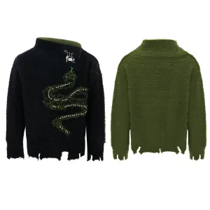 Plush Snake Embellished High Collar Sweater