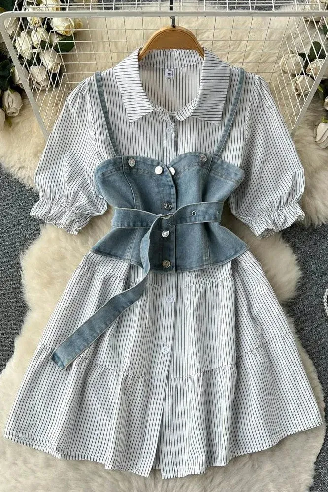 Set Retro Gothic Denim Vests   Striped Short Shirt Dress 2 pcs Sets