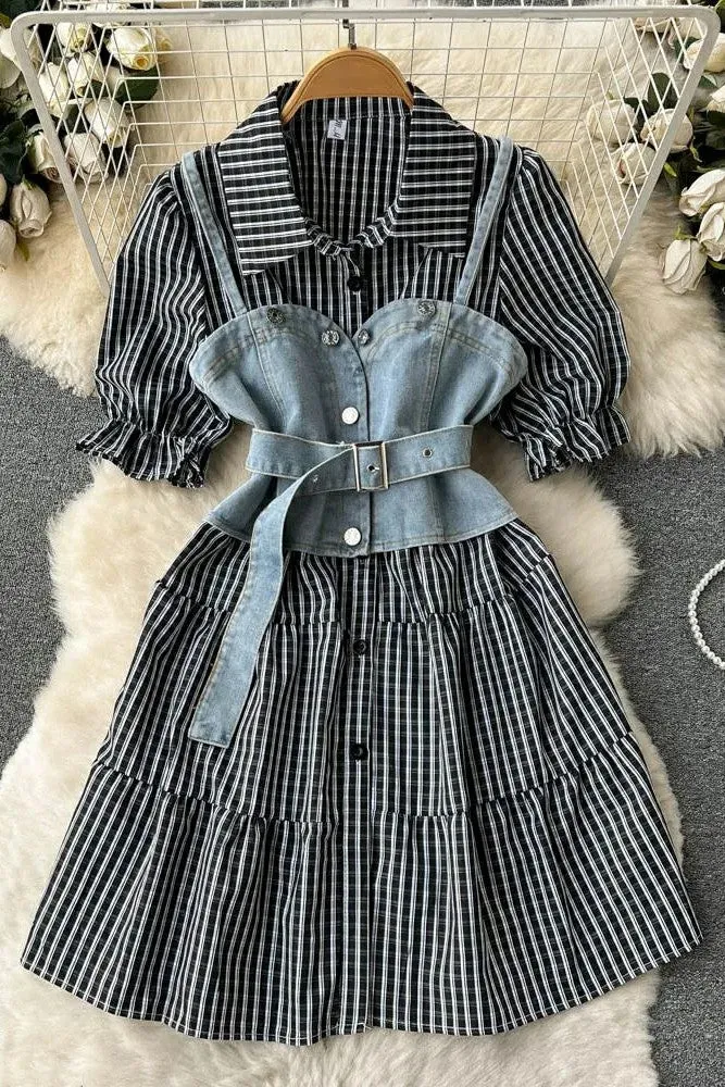 Set Retro Gothic Denim Vests   Striped Short Shirt Dress 2 pcs Sets