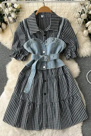 Set Retro Gothic Denim Vests   Striped Short Shirt Dress 2 pcs Sets
