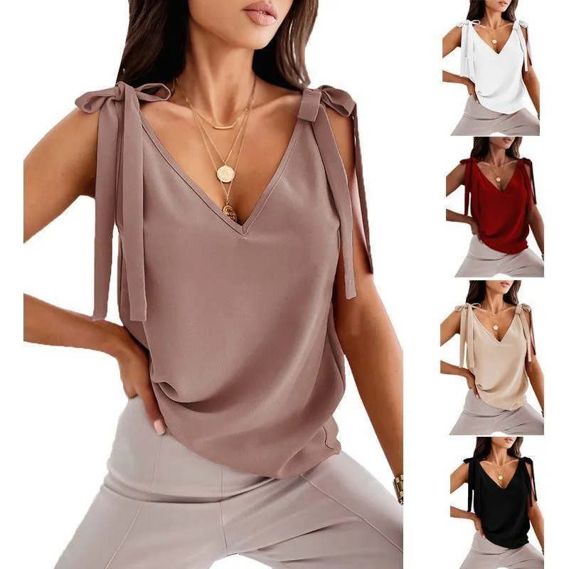 Shoulder Lace-up Bow Suspenders Vest Women's Sweet V-neck Top