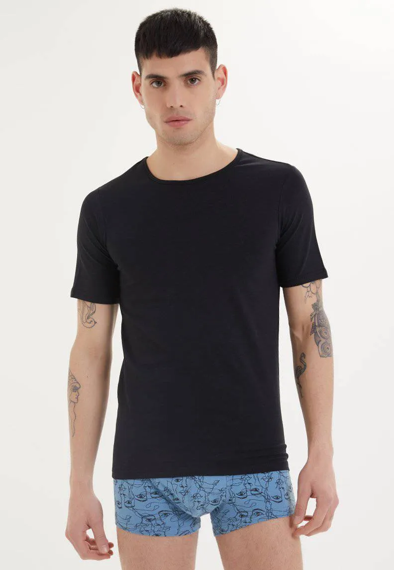 Siyah Bisiklet Yaka Pamuk Likra Karışımı Slim Fit Kısa Kollu Erkek Atlet SHIRTS