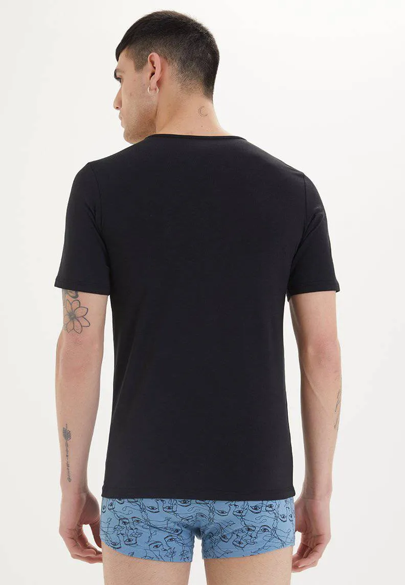 Siyah Bisiklet Yaka Pamuk Likra Karışımı Slim Fit Kısa Kollu Erkek Atlet SHIRTS