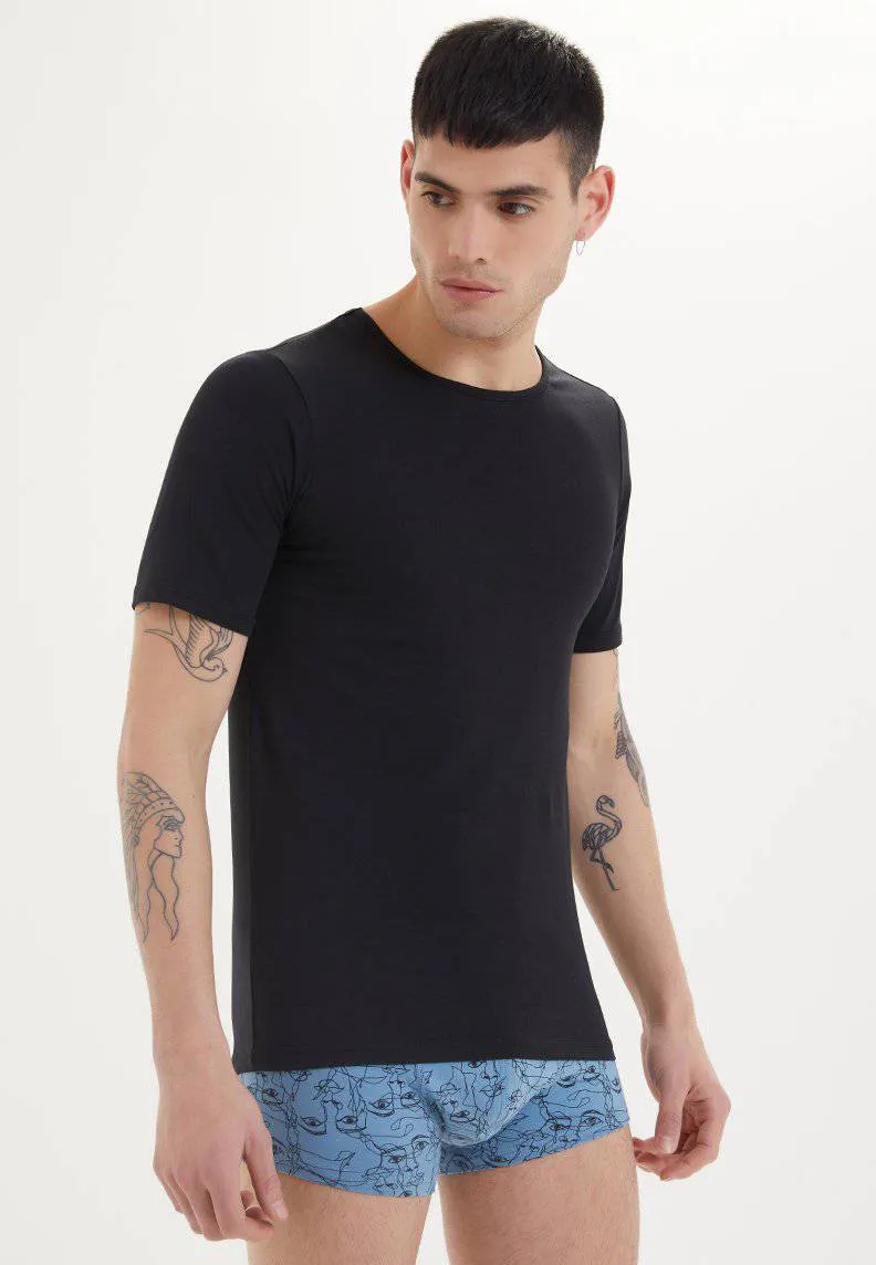 Siyah Bisiklet Yaka Pamuk Likra Karışımı Slim Fit Kısa Kollu Erkek Atlet SHIRTS