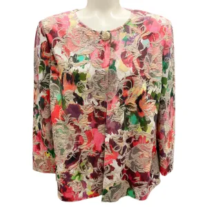 St. John Pink Multi Metallic Jewel Embellished Floral Jacquard Knit Sweater