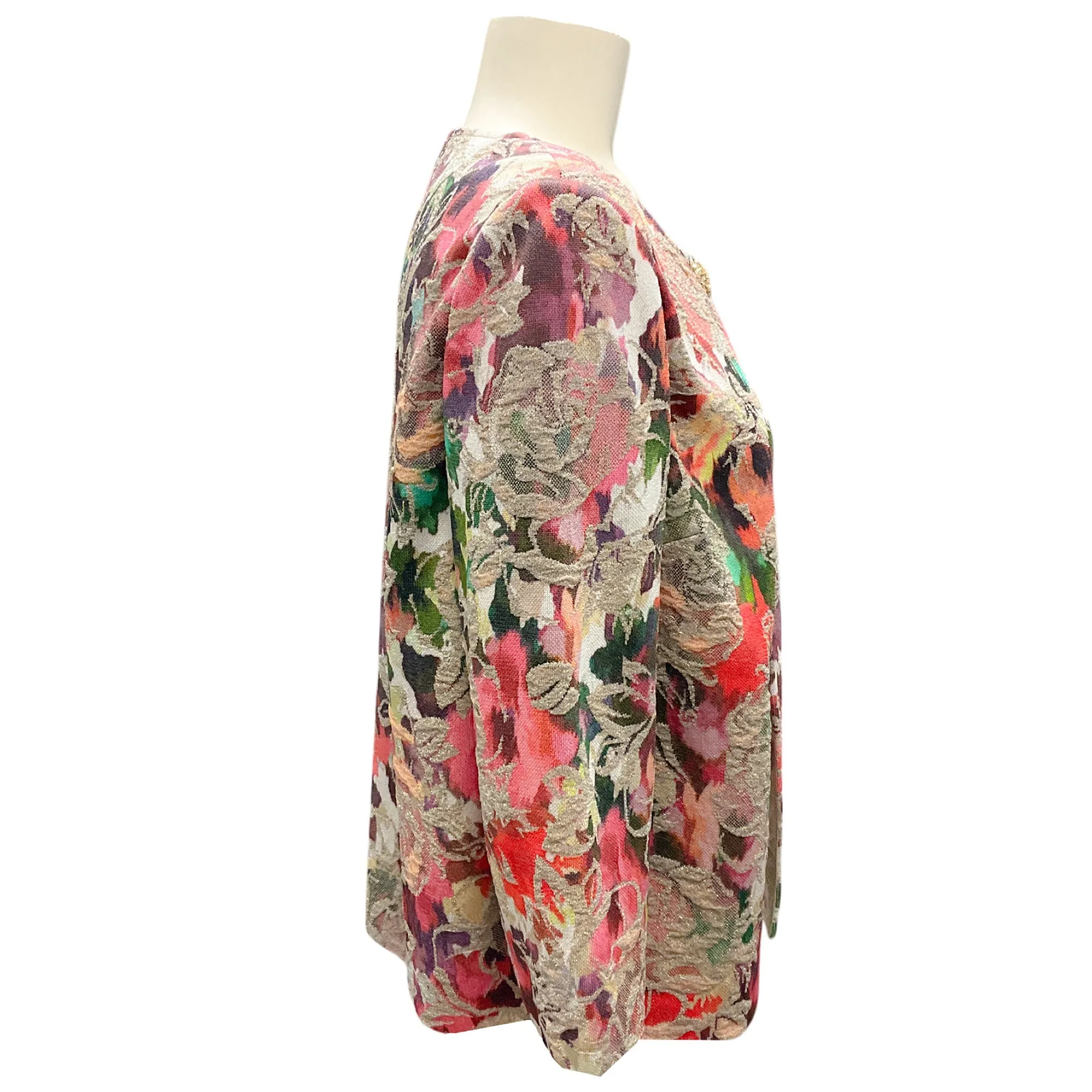 St. John Pink Multi Metallic Jewel Embellished Floral Jacquard Knit Sweater