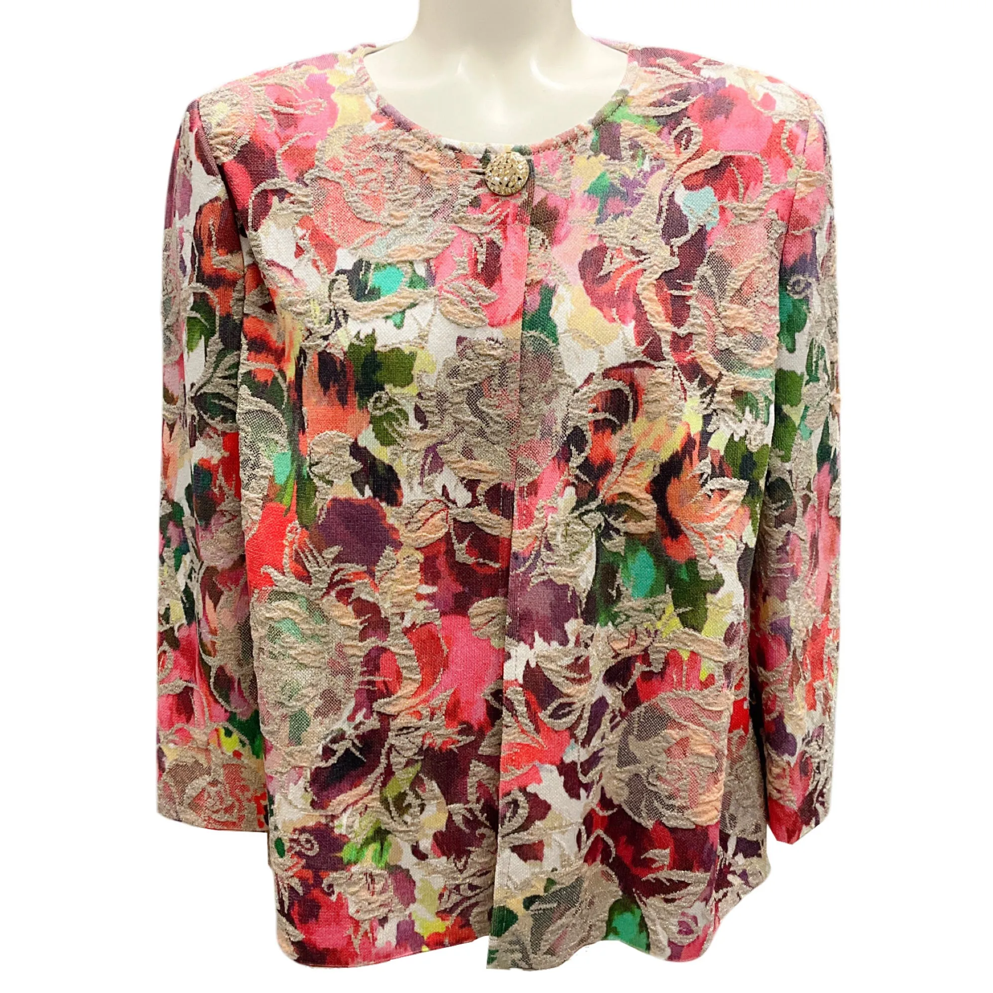 St. John Pink Multi Metallic Jewel Embellished Floral Jacquard Knit Sweater