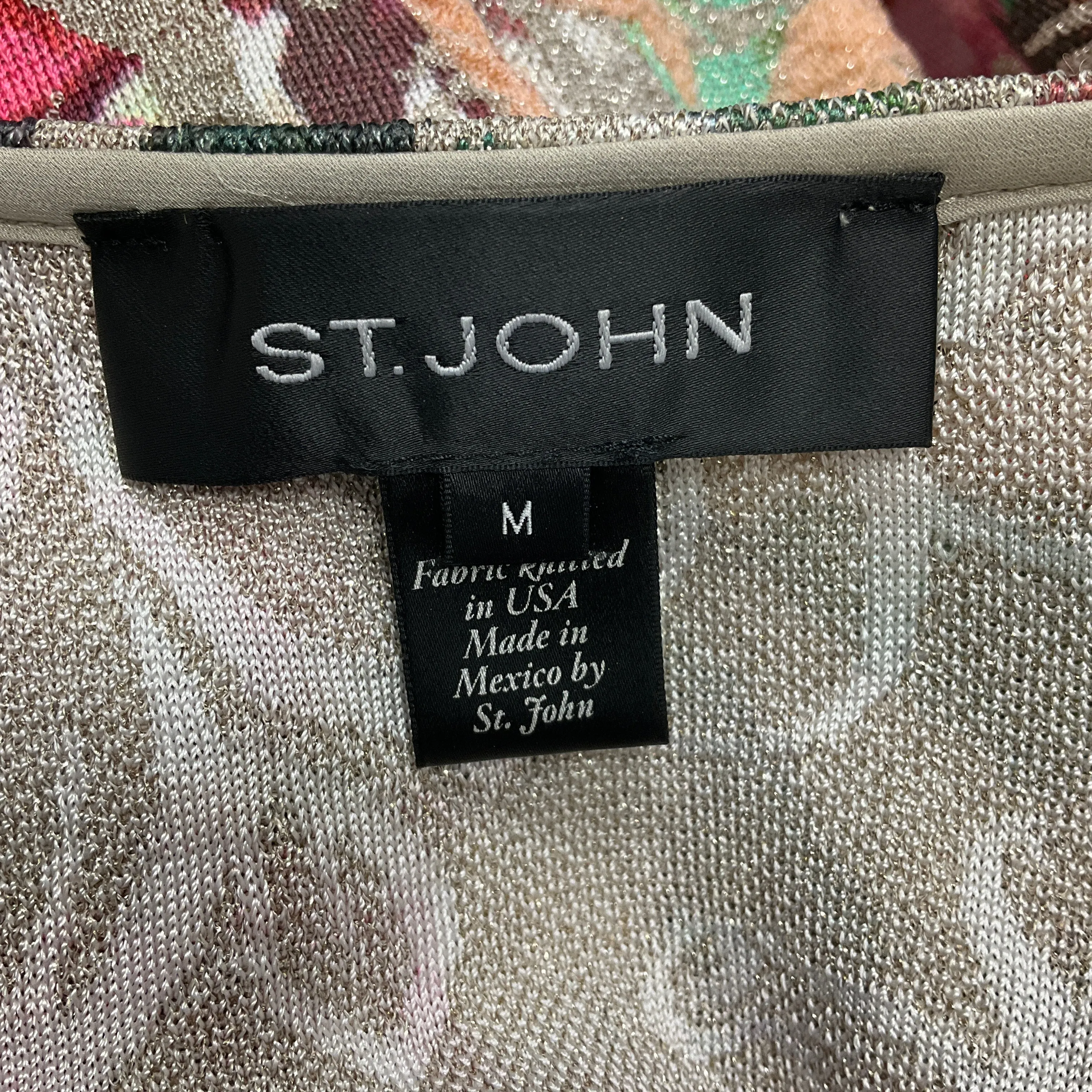St. John Pink Multi Metallic Jewel Embellished Floral Jacquard Knit Sweater