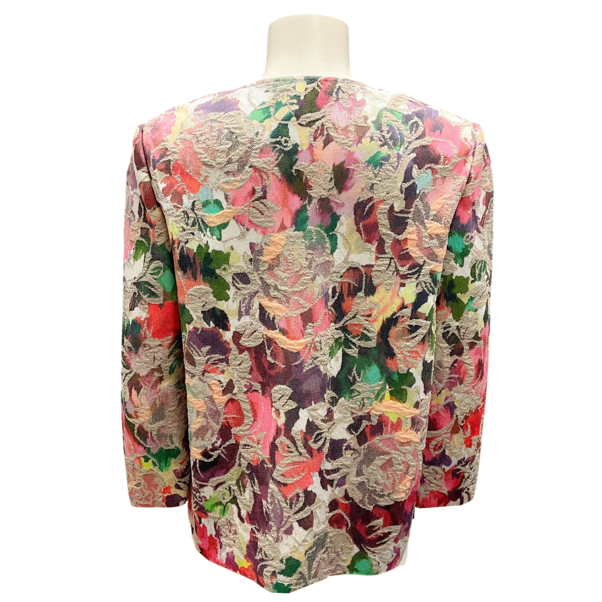 St. John Pink Multi Metallic Jewel Embellished Floral Jacquard Knit Sweater