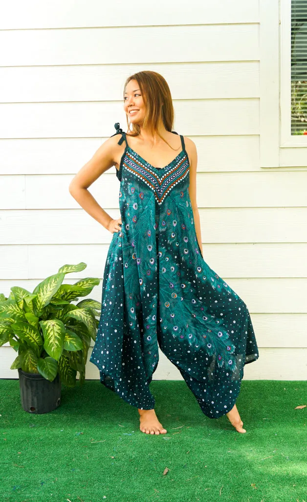 Teal Peacock Feather Boho Jumpsuit