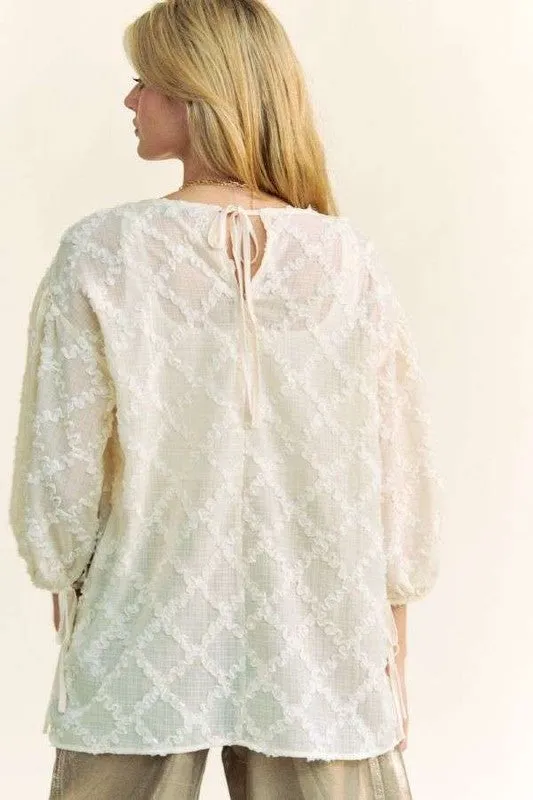 Tied Round Neck Mesh Blouse For Women – Trendy Fluttering Mesh Blouse with Adjustable Ties and Modern Feminine Vibes