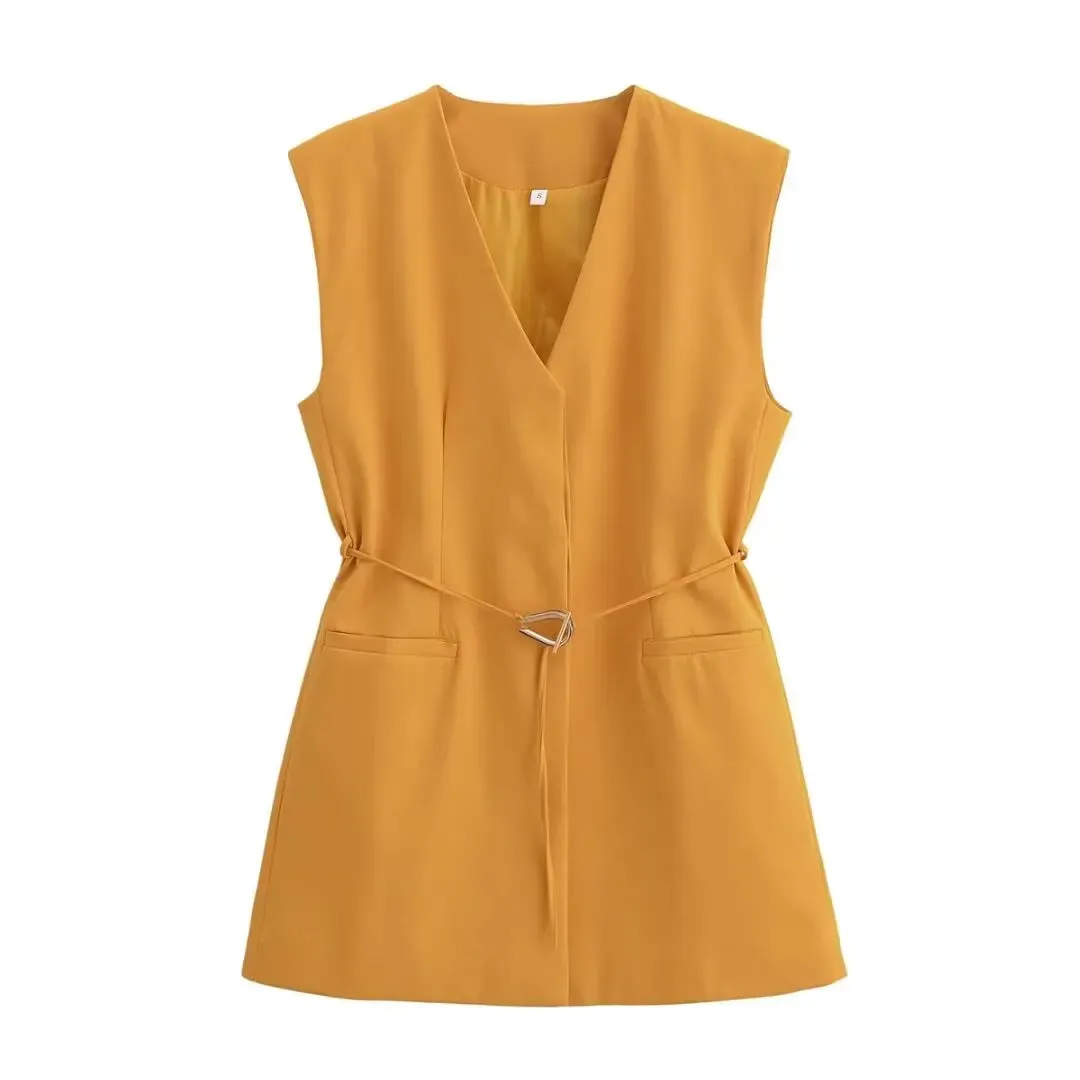 TRAFZA Minimalist Casual Belt Vest And Pants Suit Women's Vest and Wide Leg Pants Fashion 2025 Autumn Suit Office Lady Suit