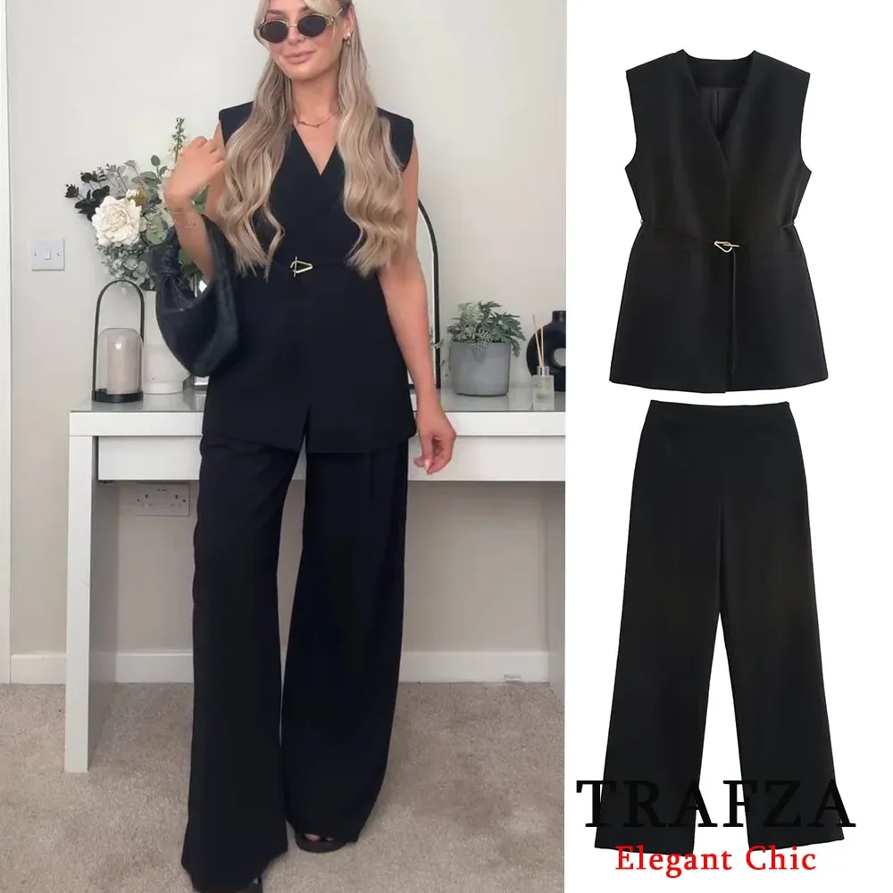 TRAFZA Minimalist Casual Belt Vest And Pants Suit Women's Vest and Wide Leg Pants Fashion 2025 Autumn Suit Office Lady Suit