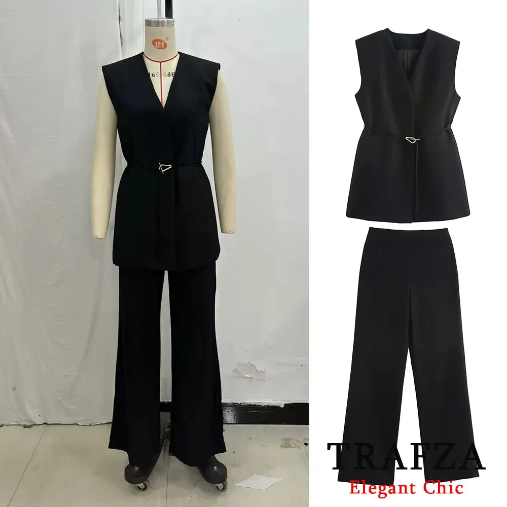 TRAFZA Minimalist Casual Belt Vest And Pants Suit Women's Vest and Wide Leg Pants Fashion 2025 Autumn Suit Office Lady Suit
