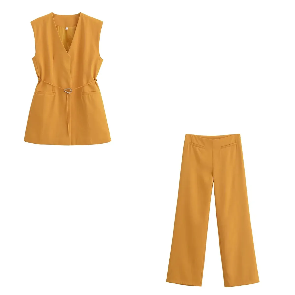 TRAFZA Minimalist Casual Belt Vest And Pants Suit Women's Vest and Wide Leg Pants Fashion 2025 Autumn Suit Office Lady Suit