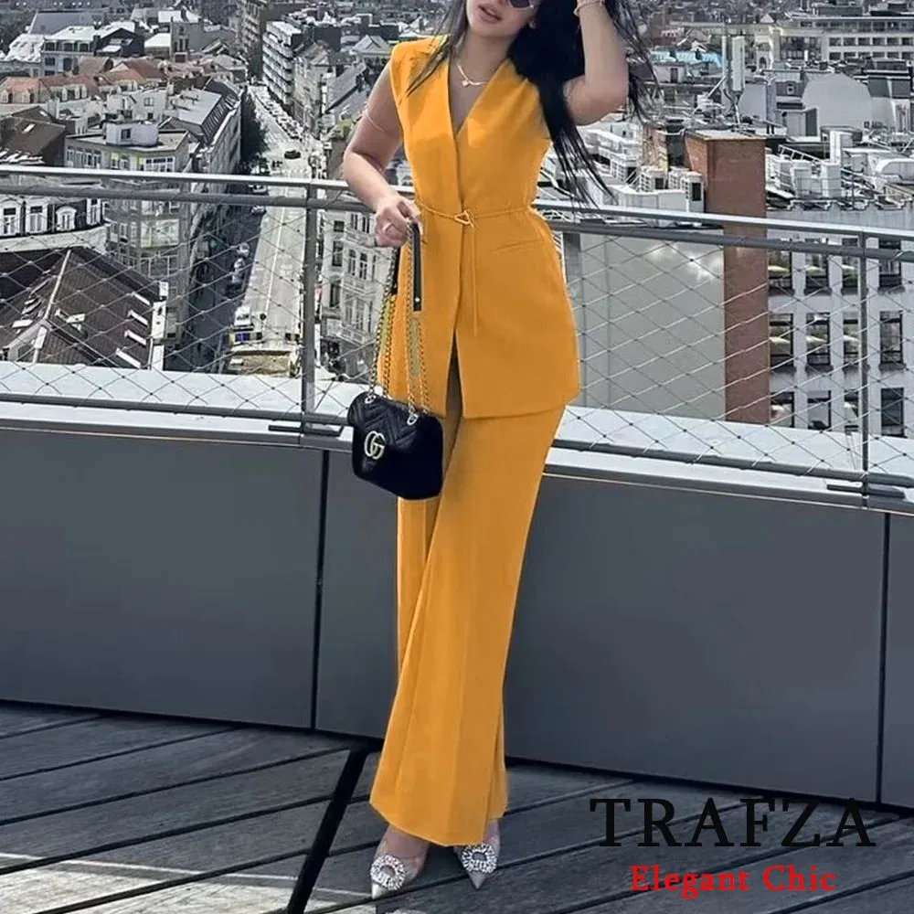 TRAFZA Minimalist Casual Belt Vest And Pants Suit Women's Vest and Wide Leg Pants Fashion 2025 Autumn Suit Office Lady Suit