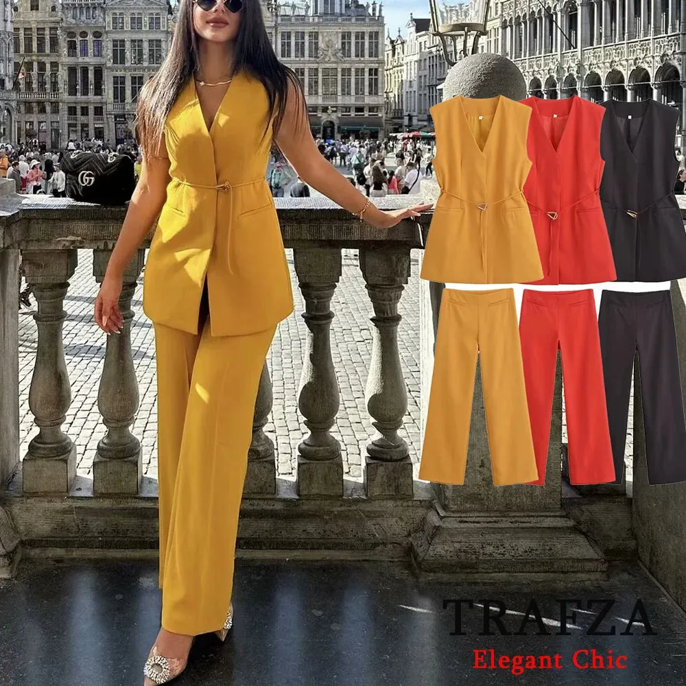 TRAFZA Minimalist Casual Belt Vest And Pants Suit Women's Vest and Wide Leg Pants Fashion 2025 Autumn Suit Office Lady Suit