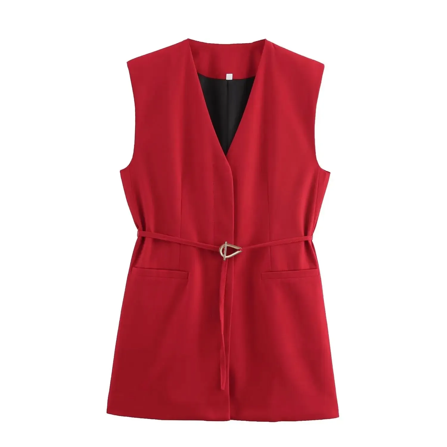 TRAFZA Minimalist Casual Belt Vest And Pants Suit Women's Vest and Wide Leg Pants Fashion 2025 Autumn Suit Office Lady Suit