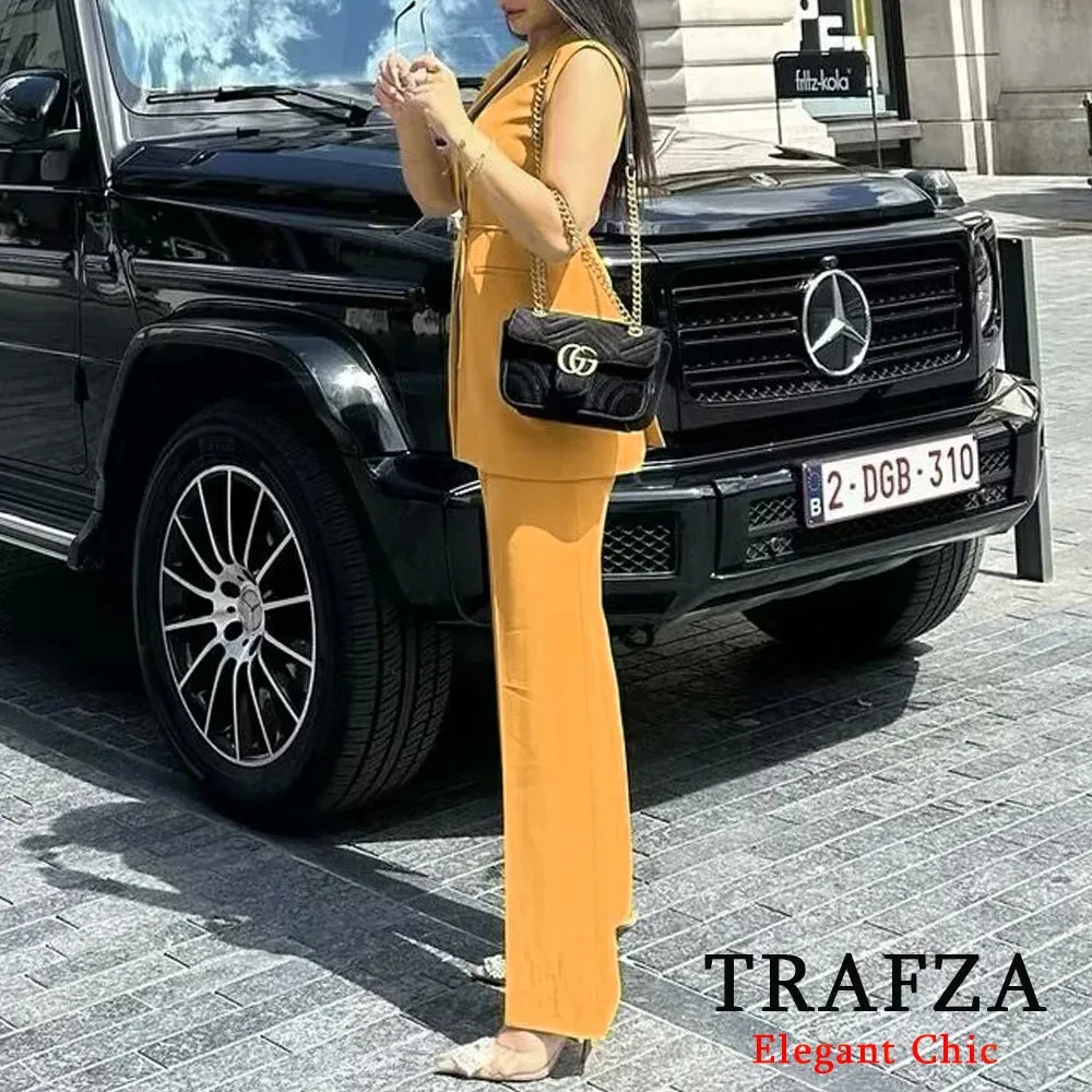TRAFZA Minimalist Casual Belt Vest And Pants Suit Women's Vest and Wide Leg Pants Fashion 2025 Autumn Suit Office Lady Suit