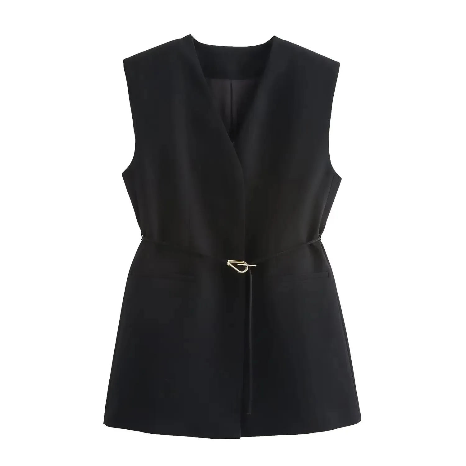 TRAFZA Minimalist Casual Belt Vest And Pants Suit Women's Vest and Wide Leg Pants Fashion 2025 Autumn Suit Office Lady Suit