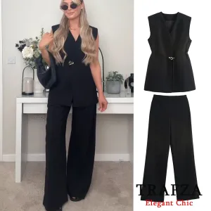 TRAFZA Minimalist Casual Belt Vest And Pants Suit Women's Vest and Wide Leg Pants Fashion 2025 Autumn Suit Office Lady Suit