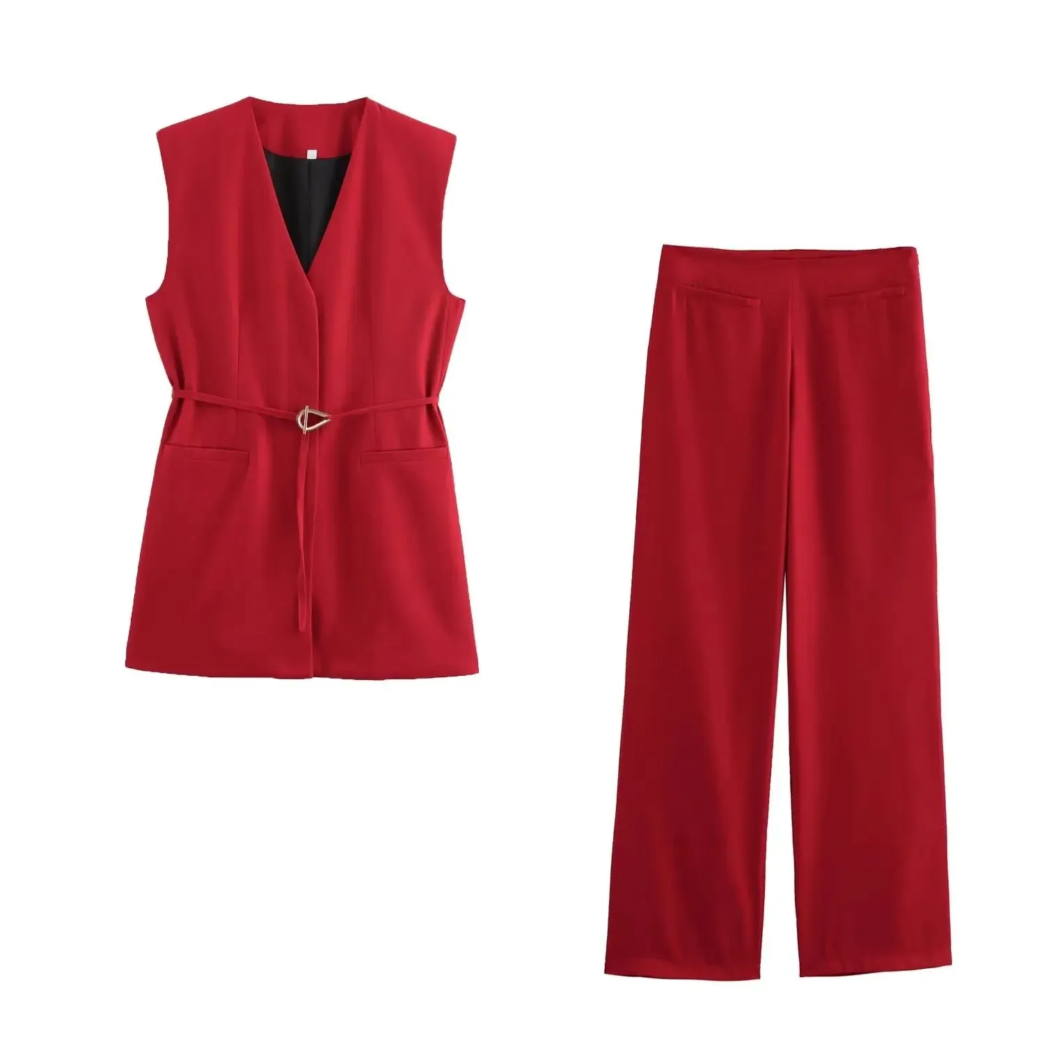 TRAFZA Minimalist Casual Belt Vest And Pants Suit Women's Vest and Wide Leg Pants Fashion 2025 Autumn Suit Office Lady Suit
