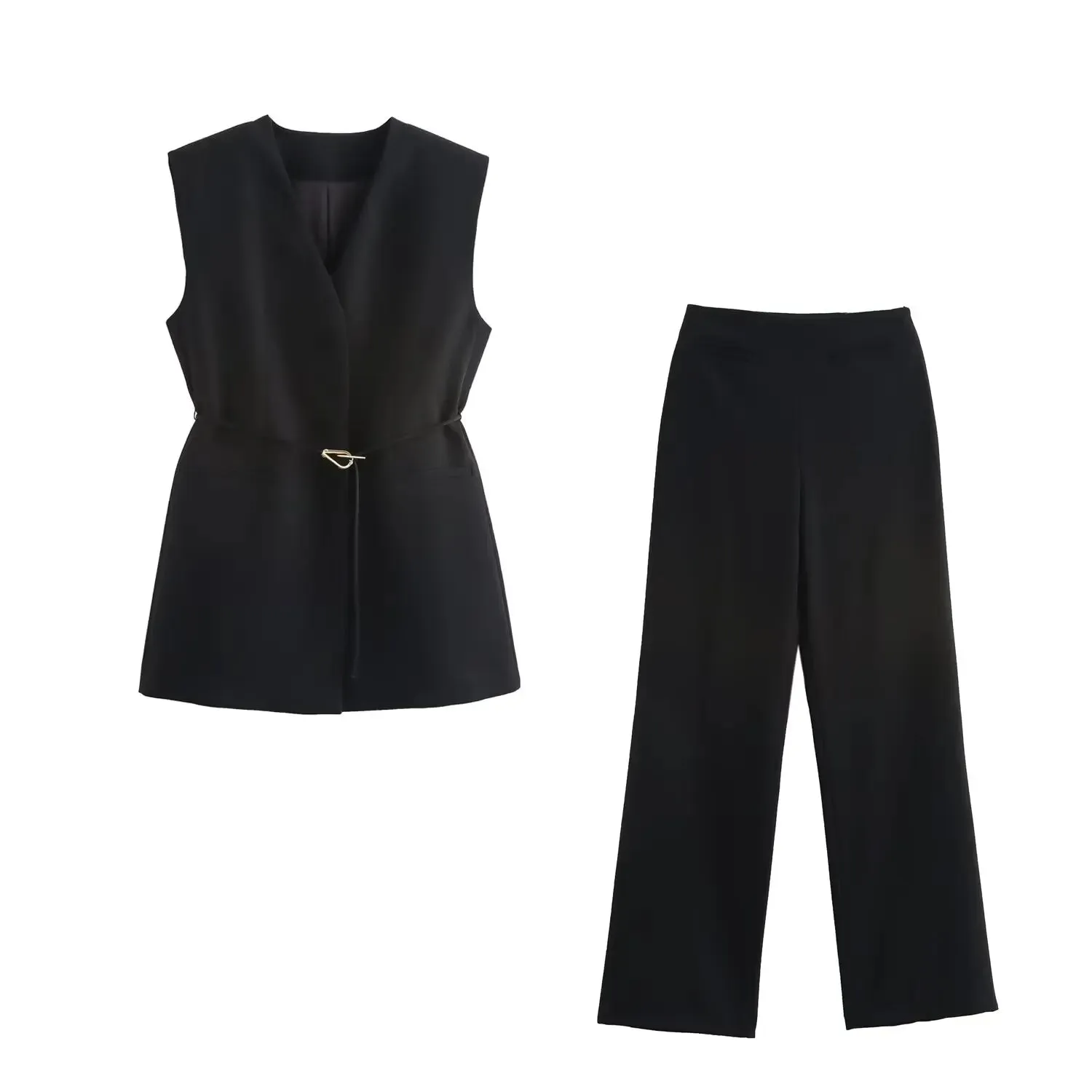 TRAFZA Minimalist Casual Belt Vest And Pants Suit Women's Vest and Wide Leg Pants Fashion 2025 Autumn Suit Office Lady Suit