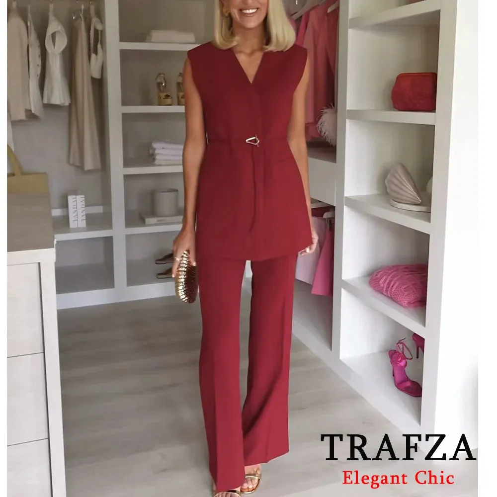 TRAFZA Minimalist Casual Belt Vest And Pants Suit Women's Vest and Wide Leg Pants Fashion 2025 Autumn Suit Office Lady Suit