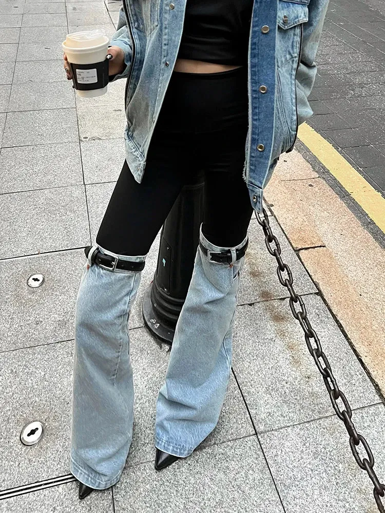 TWOTWINSTYLE Hit Color Patchwork Denim Trousers For Women High Wiast Spliced Pocket Temperament Wide Leg Pants Female Fashion