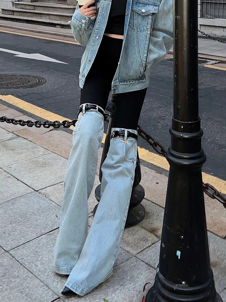 TWOTWINSTYLE Hit Color Patchwork Denim Trousers For Women High Wiast Spliced Pocket Temperament Wide Leg Pants Female Fashion