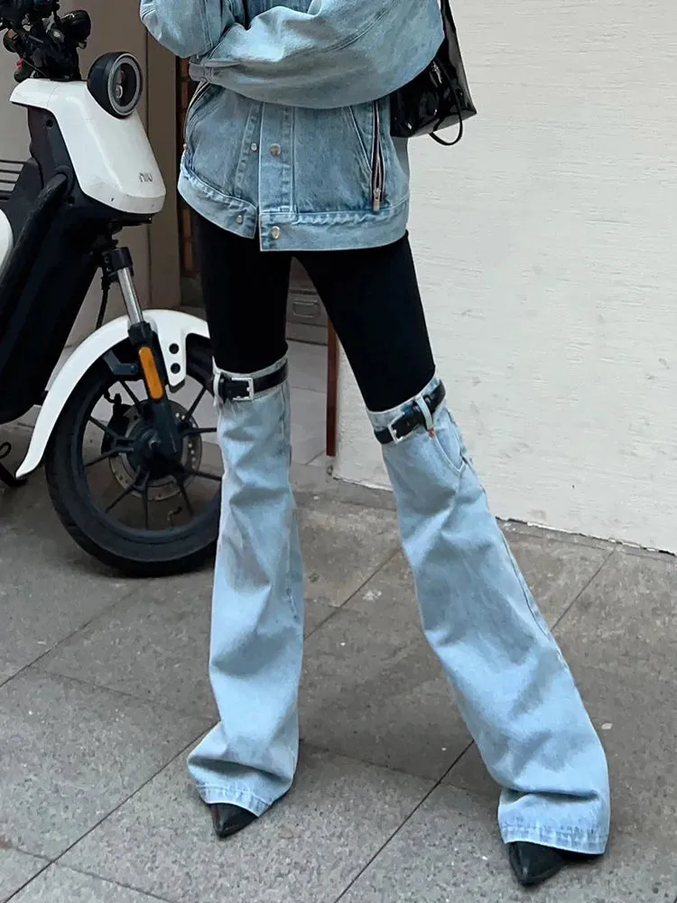 TWOTWINSTYLE Hit Color Patchwork Denim Trousers For Women High Wiast Spliced Pocket Temperament Wide Leg Pants Female Fashion
