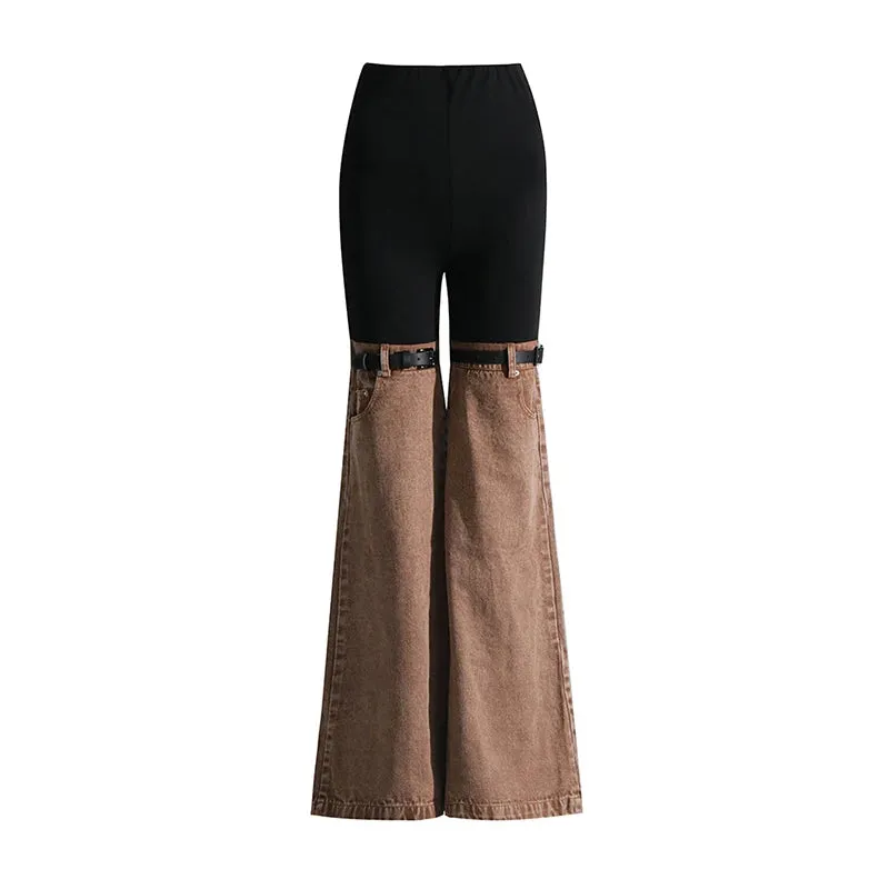 TWOTWINSTYLE Hit Color Patchwork Denim Trousers For Women High Wiast Spliced Pocket Temperament Wide Leg Pants Female Fashion