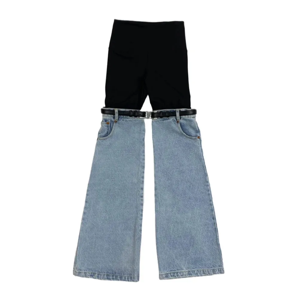 TWOTWINSTYLE Hit Color Patchwork Denim Trousers For Women High Wiast Spliced Pocket Temperament Wide Leg Pants Female Fashion