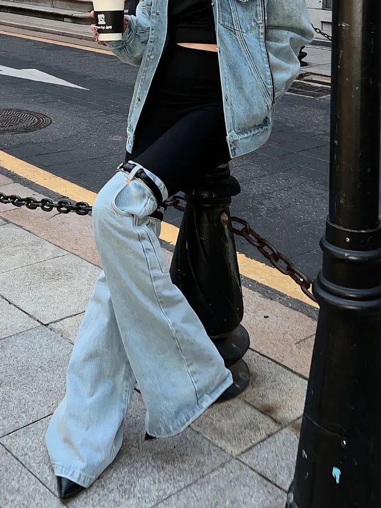 TWOTWINSTYLE Hit Color Patchwork Denim Trousers For Women High Wiast Spliced Pocket Temperament Wide Leg Pants Female Fashion