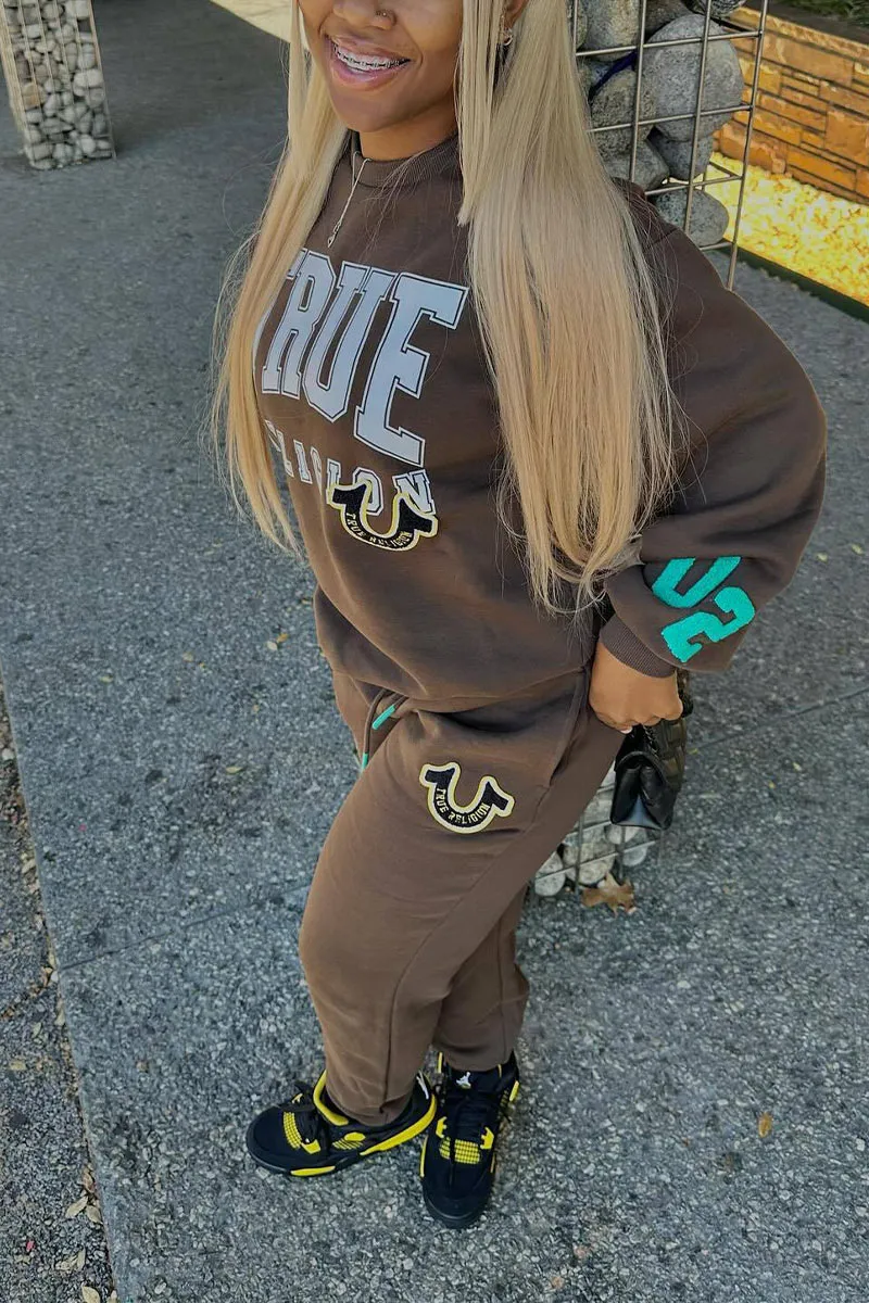 UL626 Round Neck Letter Printed Sweatshirt and Pants Set