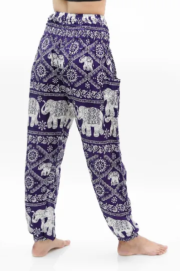 Unisex Bohemian Elephant Lattice Print Harem Pants- Purple