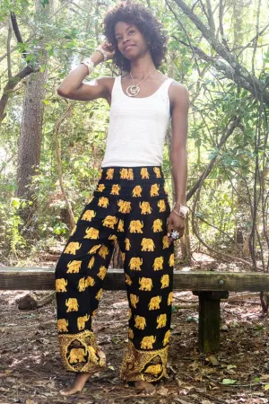 Unisex Bohemian Elephant Print Motif Harem Pants- Black/Yellow