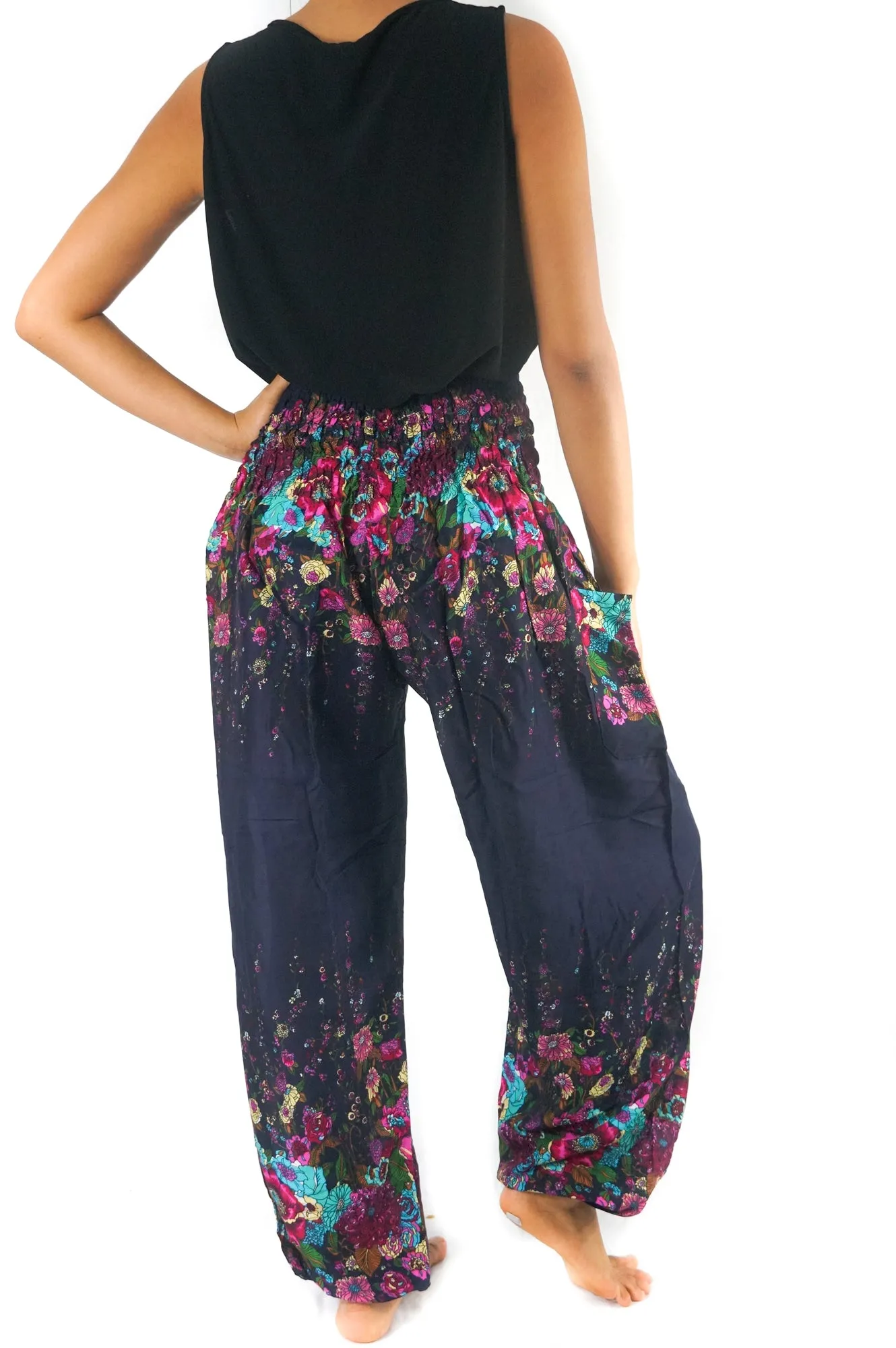 Unisex Bohemian Floral Harem Pants- Navy Multi