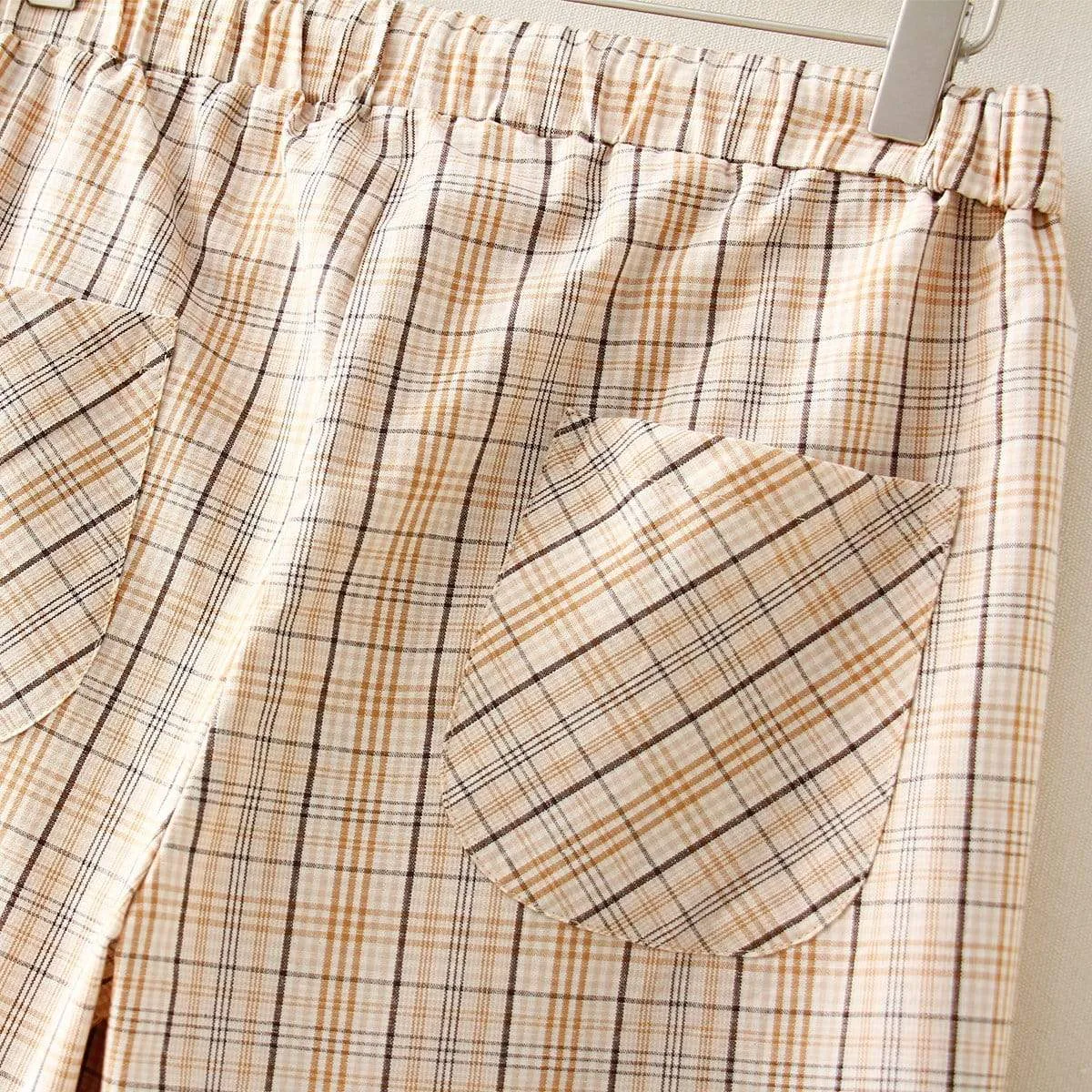 Women's Casual Contrast Color Plaid Elastic Straight Pants With Two Pockets